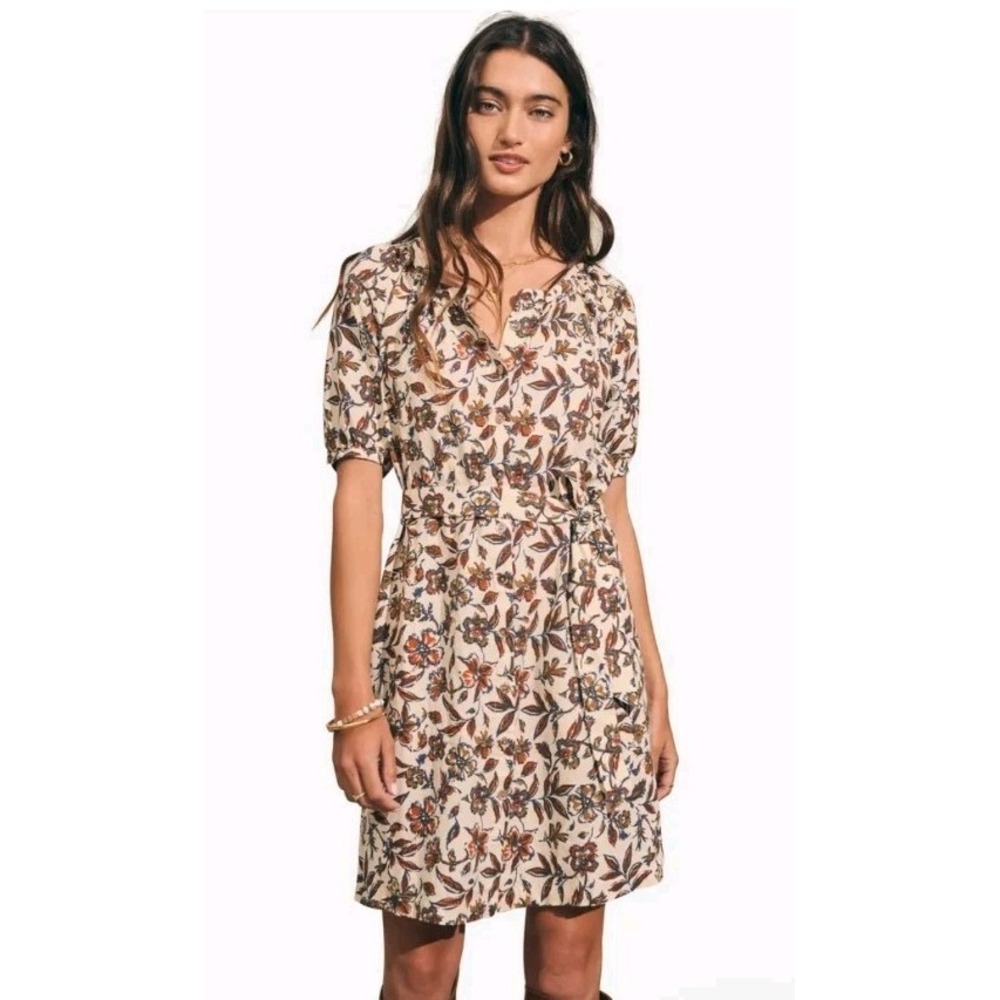 Faherty Nordstrom Carmel Floral Linen Blend Dress XS Multicolor Short Tie Waist
